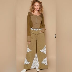 POL Olive and White Wide-Leg Pants